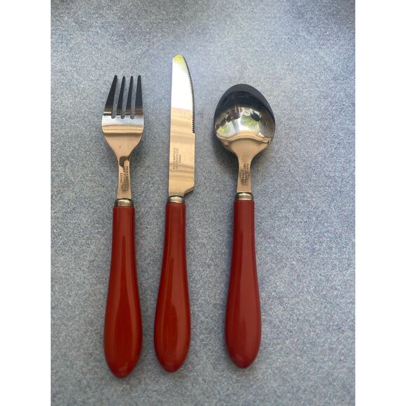 Pier 1 MCM Mauve Acrylic Handle Stainless Steel 3 Piece Flatware Set (2 Avail) - Picture 5 of 10